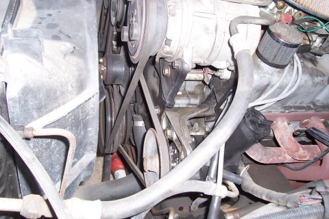 1988 Ford Bronco - Close-up view of the engine bay, showing the serpentine belt system and various engine components.