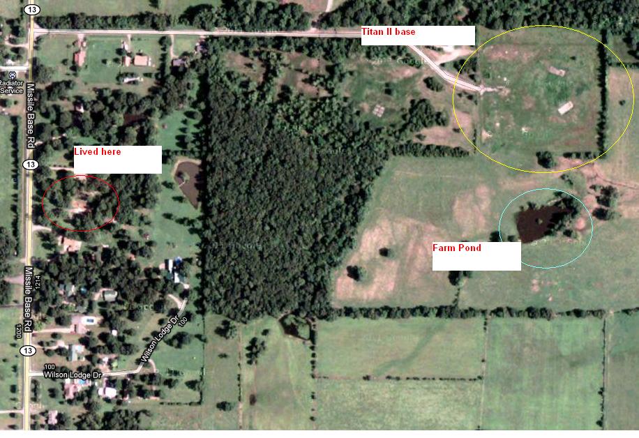 Aerial view of rural property with labels for 'Lived here', 'Titan II base', and 'Farm Pond'