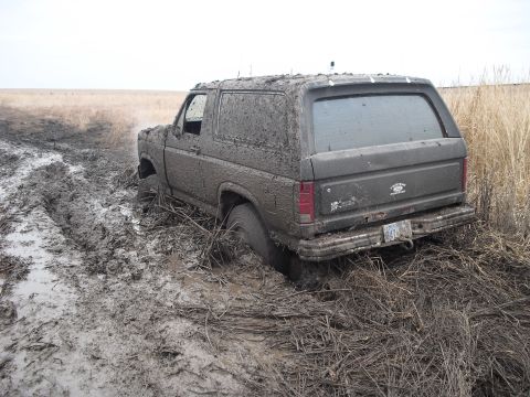 1986 Ford Bronco - This 1986 Ford Bronco is deeply stuck in thick mud and dry grass.
