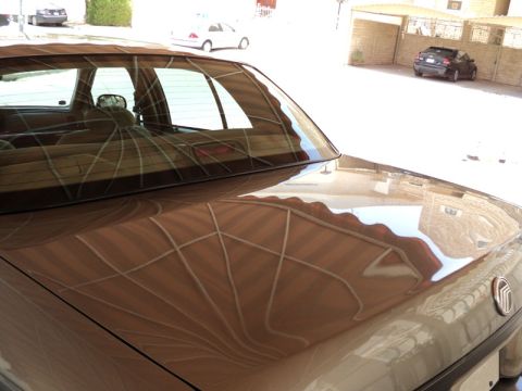 2001 Mercury Grand Marquis - The rear of a brown 2001 Mercury Grand Marquis shows a reflection of a tiled roof and other vehicles in the background.