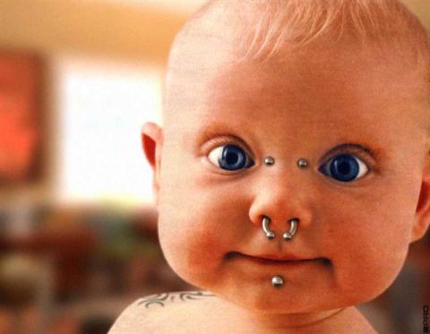 1989 Ford Bronco - Baby sports multiple facial piercings, including septum, bridge, and lip rings.