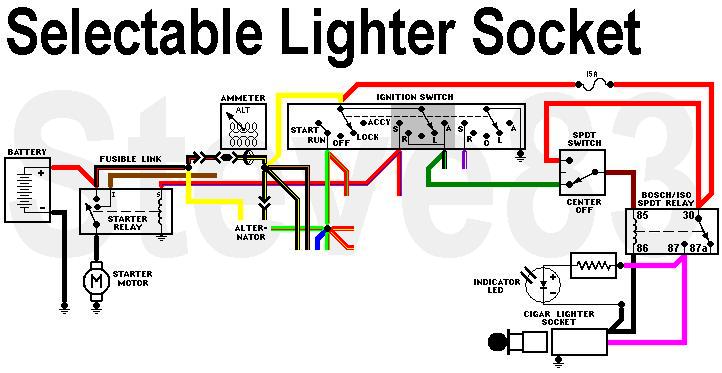 Selectable Lighter Socket
IF THE IMAGE IS TOO SMALL, click it.

The LED is optional, and can be purchased with the correct resistor for 12V use.

It's shown in an early Bronco ('66-77), but the basic layout works in all 12V vehicles.