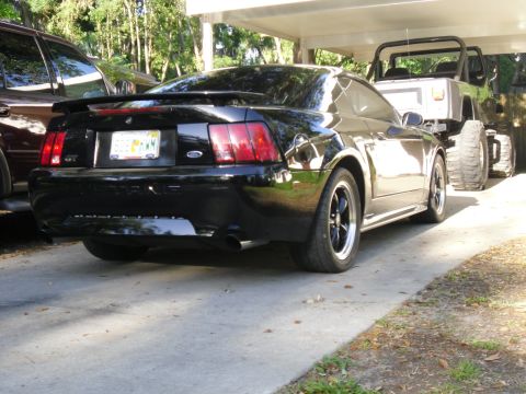 1978 Ford Bronco - Rear view of a black Ford Mustang GT, parked alongside other vehicles.