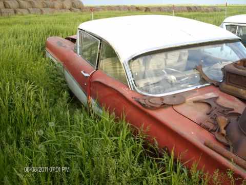 1958 Ford Fairlane - A vintage 1958 Ford Fairlane sits abandoned in a grassy field, its red and white paint faded.