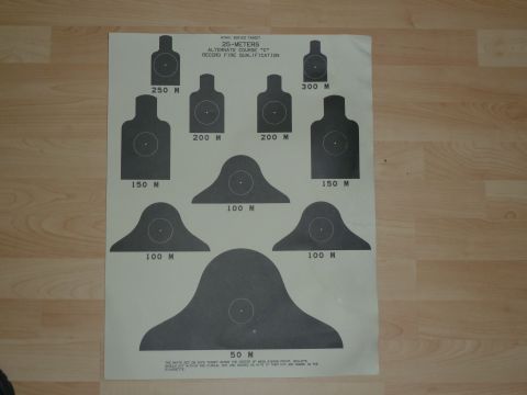 1992 Ford Mustang - Target sheet displays silhouette shapes for shooting practice at 50M, 100M, 150M, 200M, 250M, and 300M.