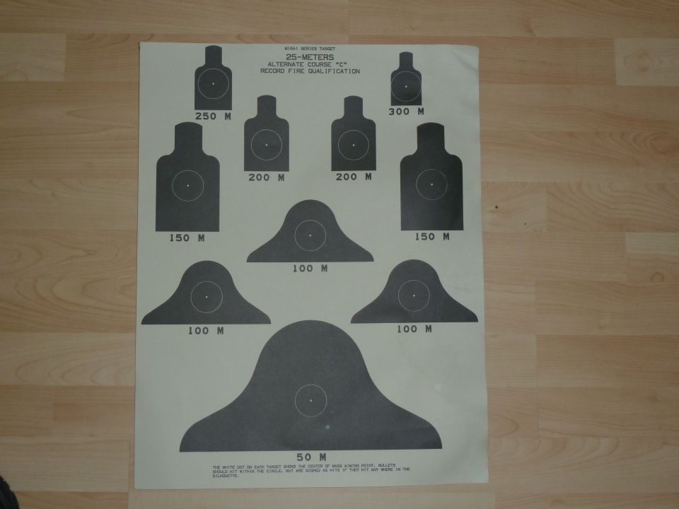 Paper target sheet with silhouette shapes for shooting practice at various distances