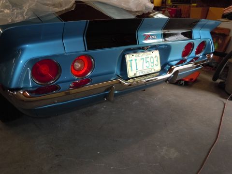 1972 Chevrolet Camaro - Rear view of a blue 1971 Chevrolet Camaro Z28, dual taillights and black racing stripes.