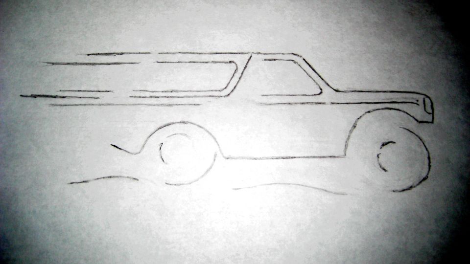 Pencil sketch of a side profile of a vehicle resembling a Ford Bronco, with motion lines