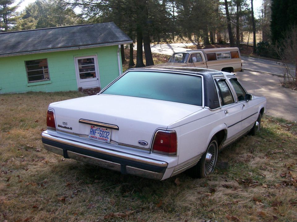 White sedan with black vinyl roof parked on grassy area, rear quarter view. License plate RNF-6032