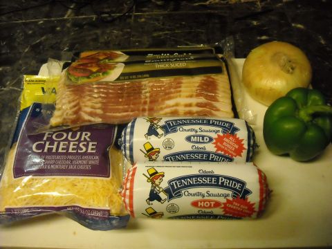 1979 Ford F-150 - Ingredients laid out for making burgers, including bacon, cheese, sausage, onion, and bell pepper.