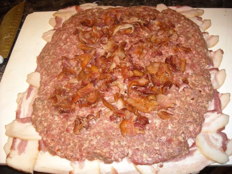 1979 Ford F-150 - Meatloaf preparation: raw meatloaf mixture wrapped in bacon strips and topped with cooked bacon bits.