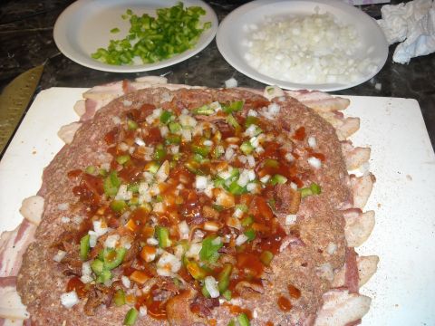1979 Ford F-150 - Meatloaf preparation with bacon, chopped onions, green peppers, and barbecue sauce.
