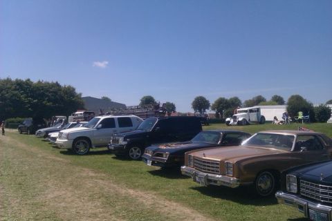 1991 Ford LTD Crown Victoria - Multiple vehicles are parked on a lawn with trees and buildings in the background.