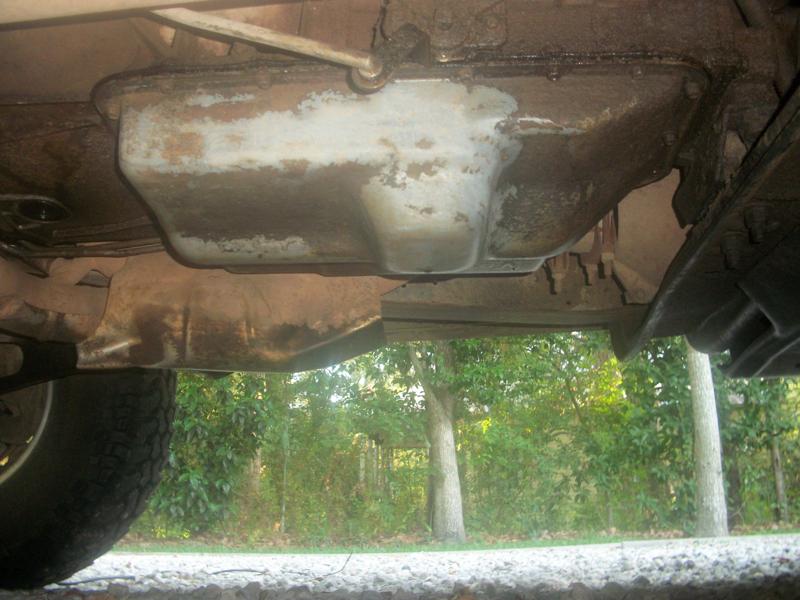 Underside view of a vehicle showing the oil pan and exhaust components. Trees and foliage are visible in the background