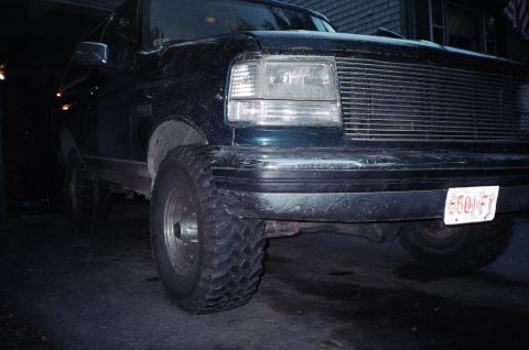 1994 Ford Bronco - This 1994 Ford Bronco is shown from a 3/4 front view, large off-road tires and a Massachusetts license plate.