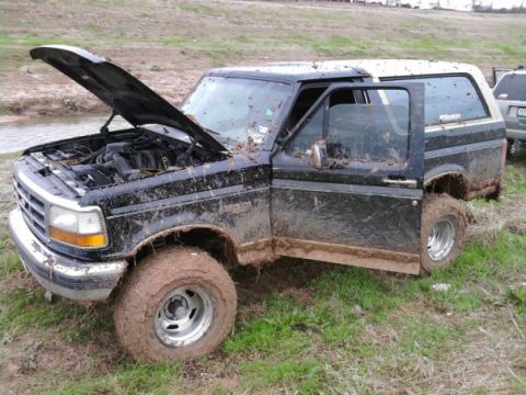 1994 Ford Bronco - This muddy SUV has its hood and driver's door open, suggesting it may have encountered trouble off-road.