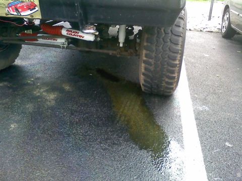 1979 Ford Bronco - The vehicle's undercarriage is visible, showing suspension parts and a fluid leak on the pavement.