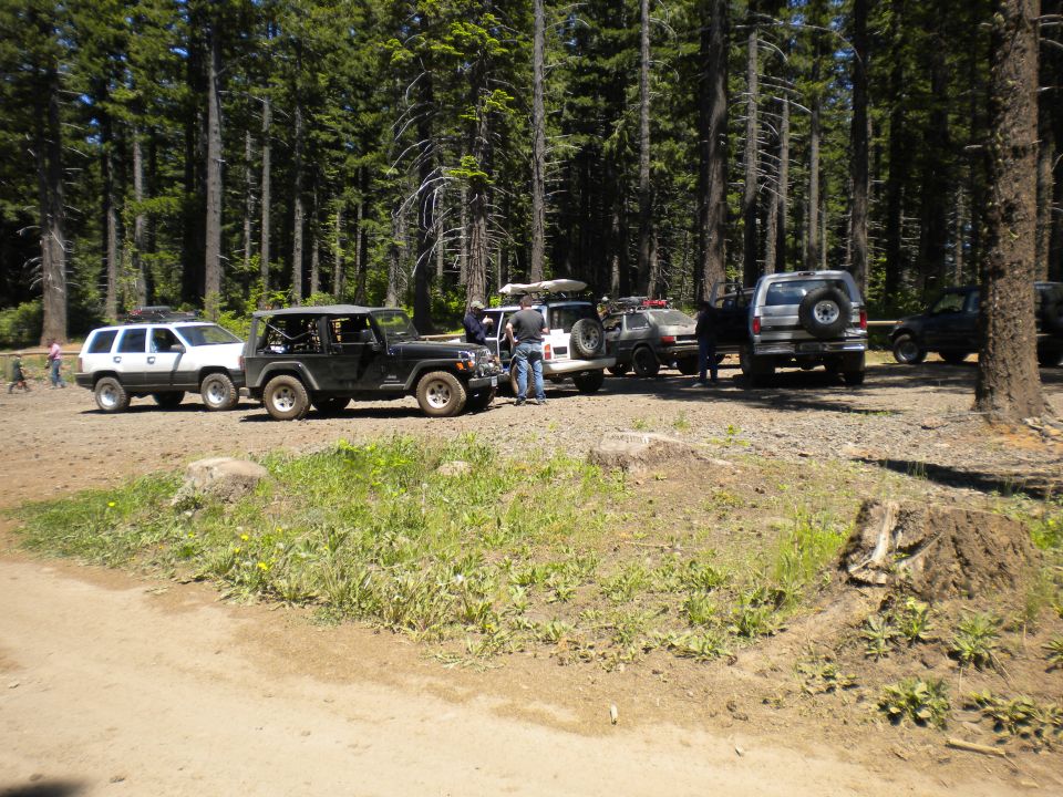 Several SUVs parked in a wooded area with people around them
