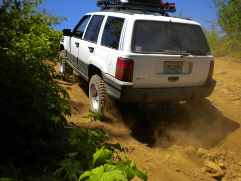2005 Jeep Wrangler - A white Jeep Grand Cherokee navigates a steep, dusty trail surrounded by greenery under a clear blue sky.