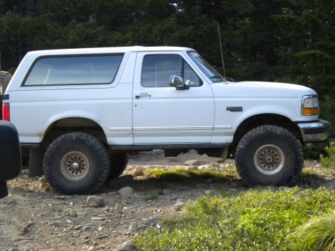 2005 Jeep Wrangler - A white 1996 Ford Bronco is parked on a rough, rocky trail surrounded by trees.