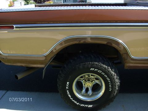 1979 Ford F-150 - Side view of a 1979 Ford F-150 truck, showing the rear wheel, fender, and bed trim.