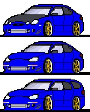 1999 Ford Taurus - Pixel art depicts three blue vehicles, two sedans and a wagon, with custom modifications.