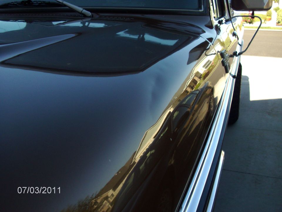 Dark 1979 Ford F-150 pickup truck, driver's side front quarter view, chrome trim, reflection of houses on hood