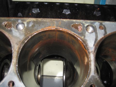 1979 Ford Bronco - Engine cylinder block showing internal rust and wear.
