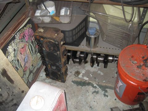 1979 Ford Bronco - Engine parts are stored on shelves in a garage, next to a decorative wall hanging.