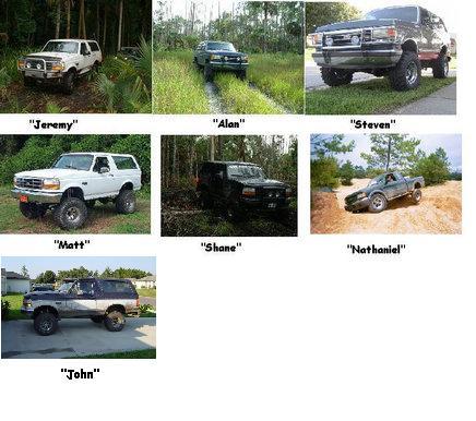 1992 Ford Bronco - A collage of Ford trucks and Broncos, some modified for off-road use, are displayed.