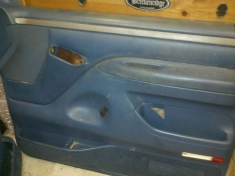 2005 Ford F-250 - Close-up view of a blue interior door panel, showing its design and storage features.