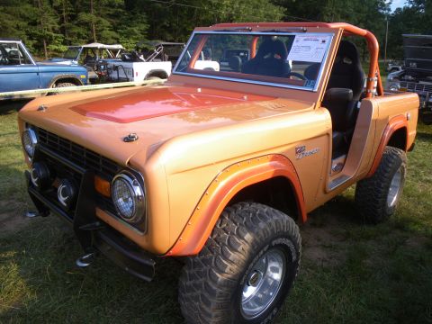 1995 Ford Bronco - This modified Ford Bronco has a custom roll cage and racing seats, parked outdoors with other vehicles.