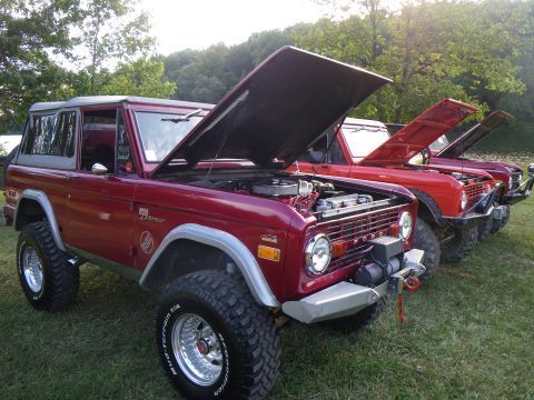 1995 Ford Bronco - A line of Ford Broncos, hoods open, are parked on a grassy field during an outdoor event.