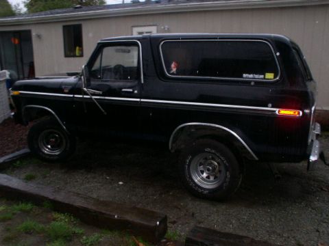 1978 Ford Bronco - Black 1978 Ford Bronco full-size SUV shown in profile from the driver's side, with a removable hard top, chrome trim stripe, steel wheels,…