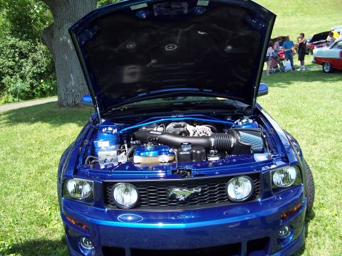 1975 Ford Ranchero - Front view of a blue Ford Mustang with its hood open, revealing the engine compartment.