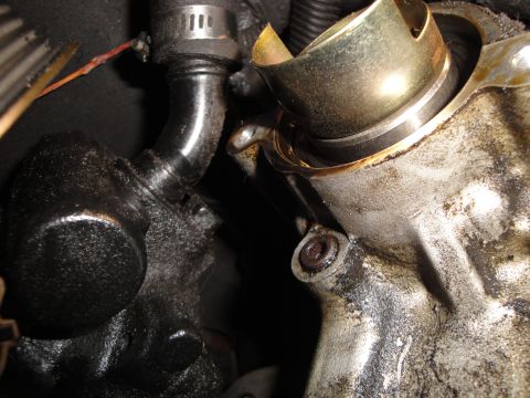 1993 Ford Taurus - Engine component with a hose clamp and attached hose, showing signs of wear and oil.
