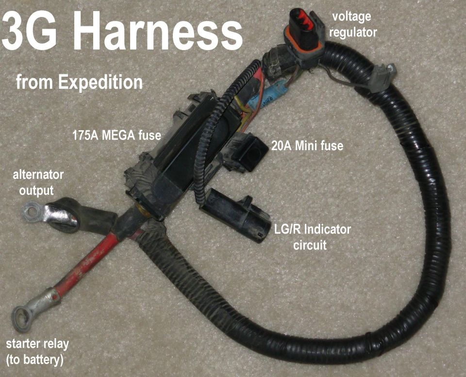 Ford 3G alternator wiring harness with MEGA fuse laid out on carpet
