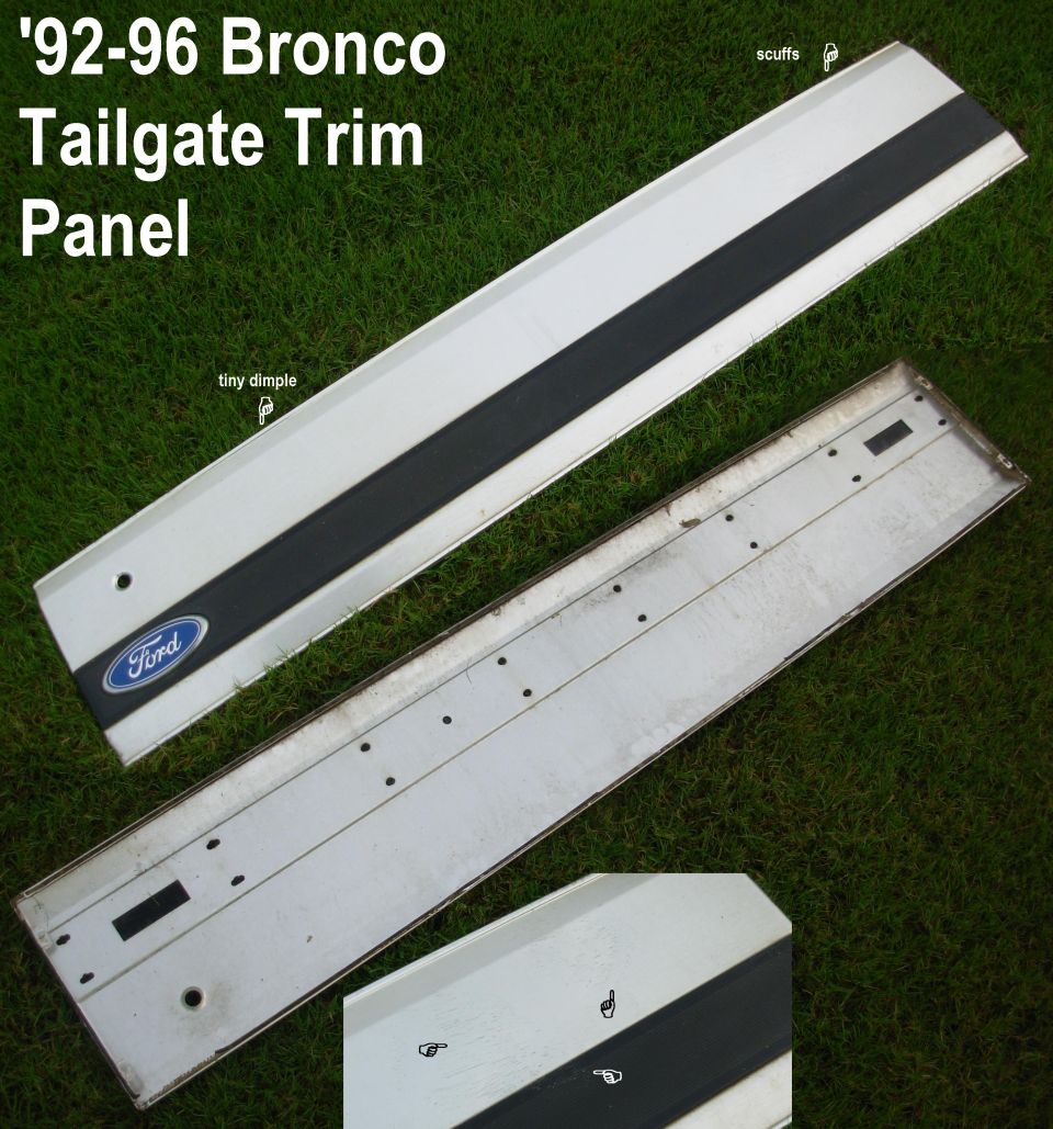 '92-96 Bronco Tailgate Trim Panel (F2TZ98425A34A)
IF THE IMAGE IS TOO SMALL, click it.

The dimple is too shallow to show, even on a closeup, but it looks like a BB strike.  The scuffs only show at the perfect angle - they're virtually invisible, and would be hidden by a tire carrier.  The scuff at the upper R has a shallow depression.

Ships as 68x16x6" @ 14lbs.

Mounting hardware available.

Black strip (only) w/oval & fasteners F2TZ-98425A34-BKP ~$175 sh tax from LMC Truck, when they have it.