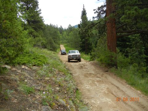 1996 Ford Bronco - Two trucks navigate a rough dirt road surrounded by trees.