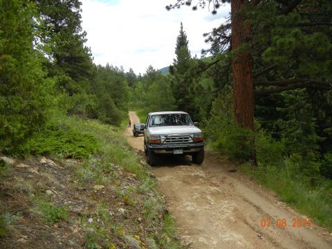 1996 Ford Bronco - Two trucks drive down a wooded dirt road on a cloudy day.