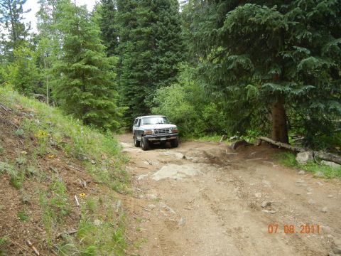 1996 Ford Bronco - A white Ford Bronco navigates a rough, wooded trail on a sunny day.