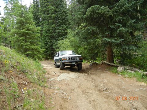 1996 Ford Bronco - A two-tone SUV navigates a rocky dirt path through a forest.