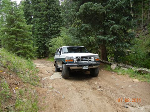 1996 Ford Bronco - This 1996 Ford Bronco is navigating a rough dirt path through a dense forest.