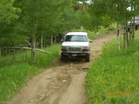 1996 Ford Bronco - A white SUV navigates a rough dirt road surrounded by trees, with another vehicle partially visible in the background.