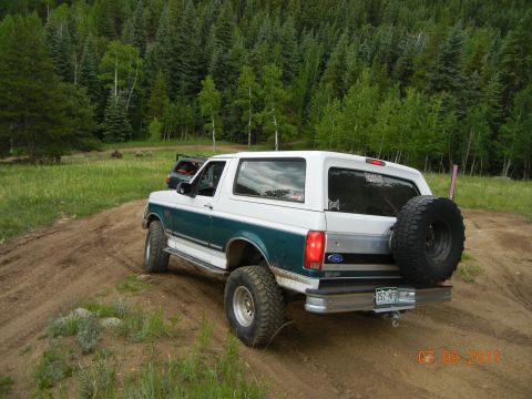 1996 Ford Bronco - A 1996 Ford Bronco navigates a dirt trail with a forest in the background.