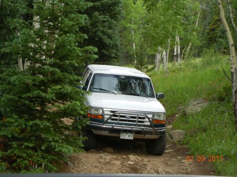1996 Ford Bronco - A white 1996 Ford Bronco navigates a rocky, wooded trail.