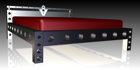 1973 Ford Ranchero - This bed frame has a unique industrial design with a red mattress.
