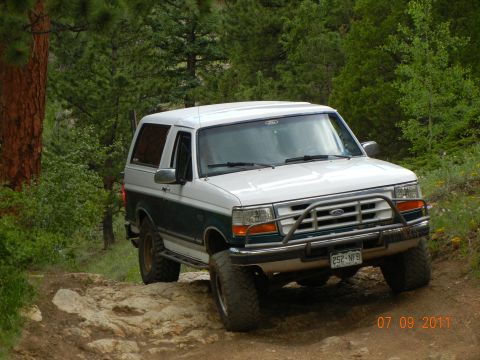 1996 Ford Bronco - 1996 Ford Bronco navigating a challenging off-road path through a wooded area.