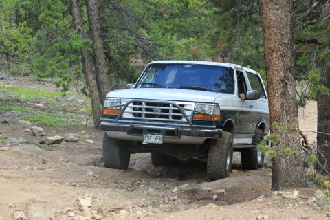 1996 Ford Bronco - 1996 Ford Bronco navigates a rough, wooded trail.