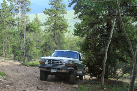 1996 Ford Bronco - A Ford Bronco navigates a wooded mountain trail with a scenic backdrop.